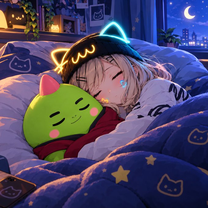 An anime-style illustration shows a blonde girl with closed eyes sleeping in a bed with a star-patterned blanket, hugging a smiling green plush toy and wearing a glowing neon cat-ear headband.