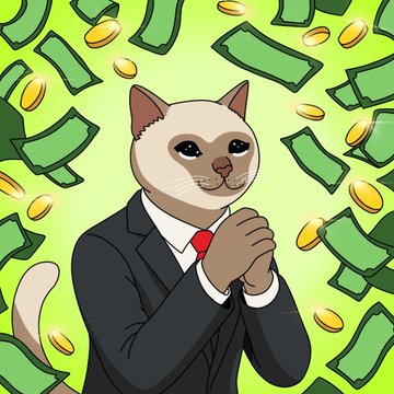 An illustrated Siamese cat wearing a black suit and red tie stands with paws clasped amid a shower of green dollar bills and gold coins, symbolizing wealth and prosperity. The imagery ties to the $CASHCAT meme contest theme, reinforcing the post's message about stacking coins, securing gains, and building with the $CASHCAT token this Sunday.