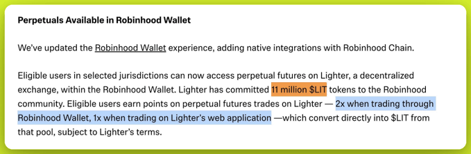 The image is a Robinhood announcement stating that eligible users in selected jurisdictions can now access perpetual futures on Lighter, a decentralized exchange, directly within the Robinhood Wallet. It highlights that Lighter has committed 11 million $LIT to the Robinhood community, with users earning 2x points on Robinhood Wallet trades and 1x on Lighter's web app, which convert to $LIT tokens.