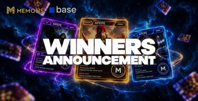 The image is a promotional graphic for the "MEMONS Creative Contest — Winners Announcement" on Base, featuring three glowing MEMONS trading cards (APEPE #0007, #0093, and the MEMONS logo card) set against a cosmic background, with the "MEMONS | base" branding in the top-left corner and bold "WINNERS ANNOUNCEMENT" text overlaid in the center.