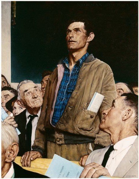 A classic painted illustration titled 'Freedom of Speech' depicting a tall, gaunt man in a work jacket standing proudly among a seated crowd, with an older man in the foreground looking up at him in admiration.