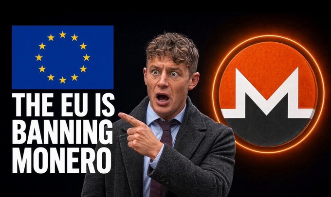A thumbnail featuring a shocked-looking man pointing toward text reading 'THE EU IS BANNING MONERO,' alongside the EU flag and the orange Monero cryptocurrency logo.