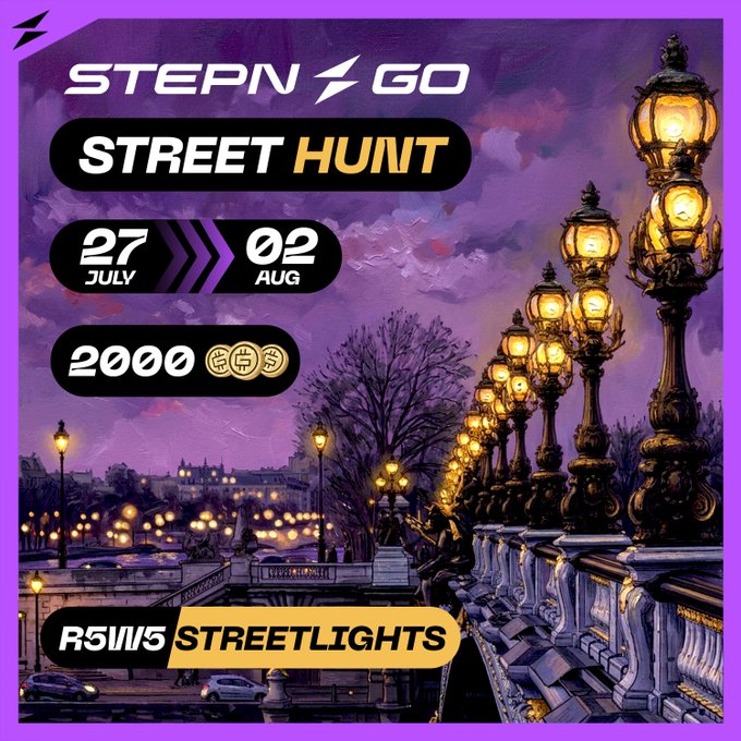 A STEPN GO promotional poster for 'STREET HUNT' from 27 July to 02 August, featuring an illustration of illuminated Paris streetlights with '2000 G$' reward and 'RSIWS STREETLIGHTS' text.