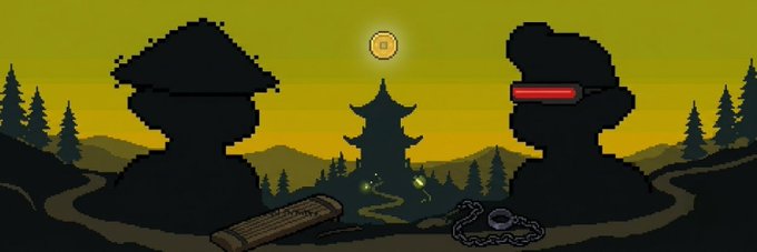 A pixel art silhouette scene shows a central pagoda at sunset, flanked by two warrior figures (one with a red visor) and various items including a log and shackles in the foreground.