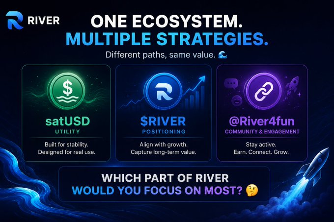 The image shows a poster with three different logos representing different aspects of an ecosystem or strategy. The first logo features a dollar sign and a rocket ship, suggesting that the strategy focuses on financial growth and innovation. The second logo has a river symbol and a social media icon, indicating that the strategy is centered around community engagement and online presence. The third logo shows a rocket ship with a dollar sign, emphasizing the importance of financial stability in the ecosystem or strategy. The post also mentions that some focus on satUSD utility while others concentrate on $RIVER, which implies that different strategies are being employed within this ecosystem.
