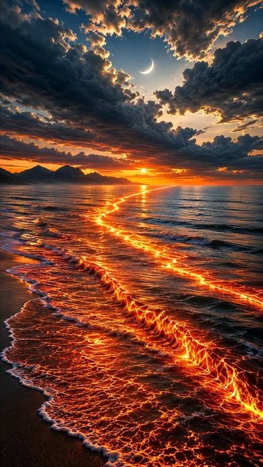 A dramatic landscape image shows a sunset over the ocean with a crescent moon in the cloudy sky, featuring glowing orange lava-like patterns flowing across the water's surface toward a sandy shore.