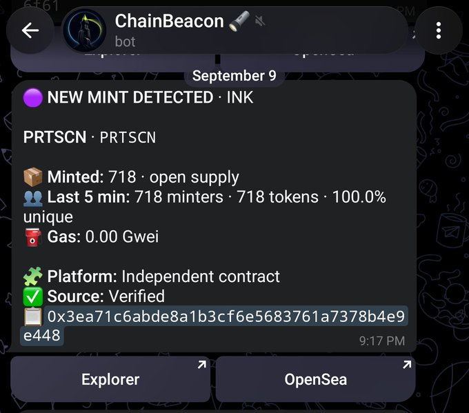 A Telegram bot notification from ChainBeacon detecting a new INK mint called PRTSCN, with 718 minted tokens, 718 minters, and a verified source contract address.