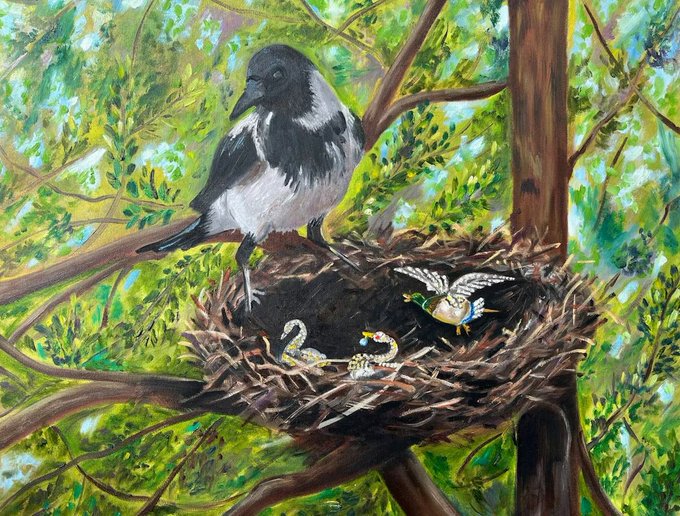 A painting depicts a black and white magpie standing at the edge of a nest containing several baby birds, with another small bird appearing to land nearby, all set among green tree branches.