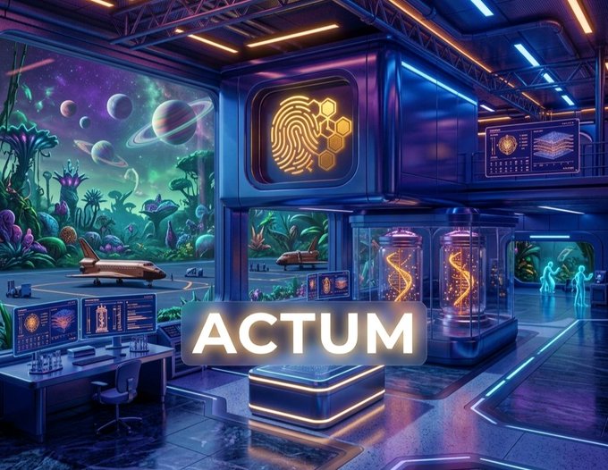 A futuristic sci-fi interior scene featuring a neon "ACTUM" sign, holographic displays, a space view with planets, and a yellow fingerprint/honeycomb logo.