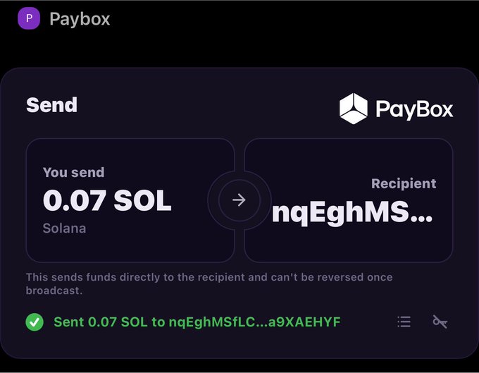 A screenshot of Paybox, a Moonpay-powered crypto wallet, showing a completed transaction that successfully sent 0.07 SOL to the recipient address beginning with "nqEghMS..." (full address ending in a9XAEHYF). The image visually confirms the post's claim about testing the clean "Send" feature with a friend on the Solana network.