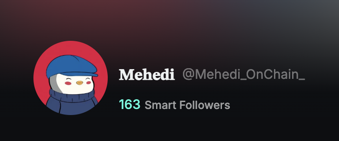 A profile banner for 'Mehedi' (@Mehedi_OnChain_) displaying a cartoon bird avatar, 163 Smart Followers, and a dark gradient background.