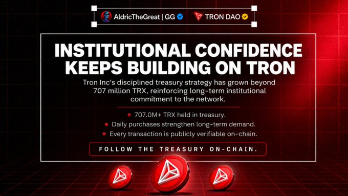 The image is a promotional graphic titled "INSTITUTIONAL CONFIDENCE KEEPS BUILDING ON TRON," highlighting that Tron Inc's treasury has grown beyond 707 million TRX through disciplined strategy, with key points noting 707.0M+ TRX held, daily purchases strengthening demand, and on-chain verifiability. The graphic, posted by AldricTheGreat and TRON DAO, visually reinforces the post's message about Tron Inc's recent 150,004 TRX purchase at an average of $0.3333, demonstrating the quiet, ongoing institutional accumulation on the TRON network.