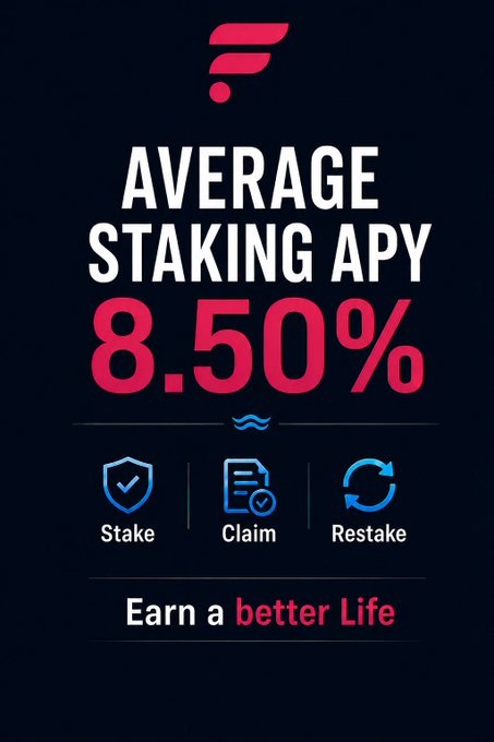 A promotional graphic for an 8.50% Average Staking APY with icons for Stake, Claim, and Restake options, captioned 'Earn a better Life'.