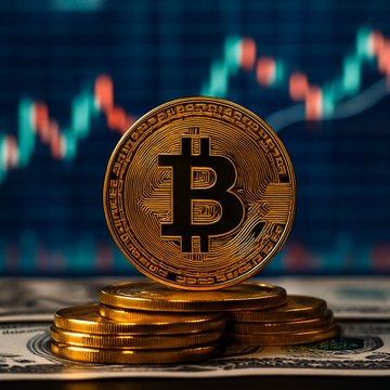 A stack of golden Bitcoin tokens sits atop US dollar bills with a blurred candlestick price chart in the background, visually reinforcing the article's analysis of Bitcoin's price outlook amid inflation concerns and potential Federal Reserve intervention. The Bitcoin symbol prominently displayed on the coin ties directly to the discussion of BTC catalysts driven by sticky CPI and Treasury bond market dynamics.