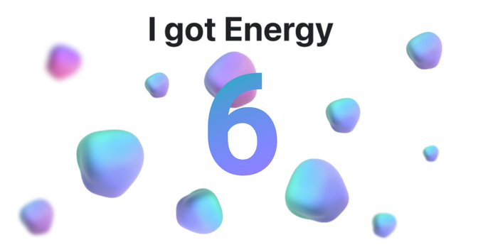 The image features a poster with a white background, surrounded by blue and purple spheres of varying sizes. The poster has a message that reads "I got energy 6", accompanied by a list of energy sources such as solar power, wind power, hydroelectricity, geothermal energy, and more. The poster also includes a link to the website "energyup.rwa hype up. lets goo @myetherwalletoh yeah and use my ref link here for free Energy! download.mew wallet.com/?source=x".