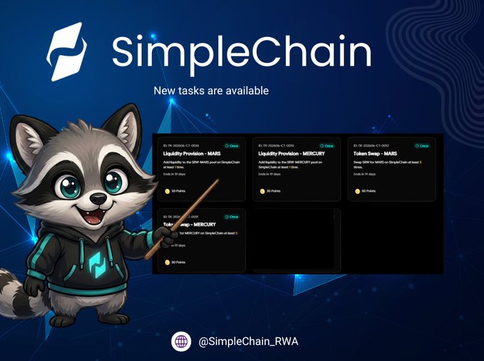 A cheerful cartoon raccoon mascot holds a pointer beside four new SimpleChain task cards promoting liquidity provision for SRW-MARS and SRW-MERCURY pools and swap tasks for MARS and MERCURY tokens, matching the announcement of four new live tasks.