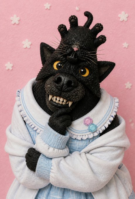 A surreal photograph of a black dog-like creature with an additional small animal head stacked on top of its own, wearing a light blue and white sweater with gem-shaped buttons against a pink background with white flowers.
