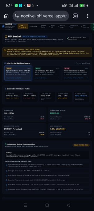 A screenshot of a dark-mode webpage on noctive-philvercel.app/ut displaying 'UTA Sentinel' UI dashboard with stats like '200 +WDQd', '123617.60', '1.51x (CAUTION)', and 'BITCOST Perpetual' details, plus a warning about no active servers.