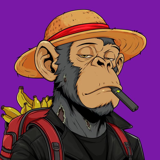 A digital illustration of a serious-looking chimpanzee wearing a straw hat, smoking a cigarette, and carrying a backpack full of bananas against a purple background.