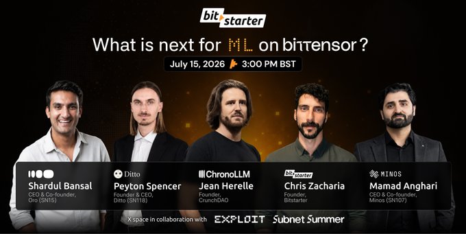 A promotional banner for 'bitstarter' asks 'What is next for ML on bittensor?' for a July 15, 2026 event, featuring photos of five speakers: Shardul Bansal, Peyton Spencer, Jean Herelle, Chris Zacharia, and Mamad Anghari.
