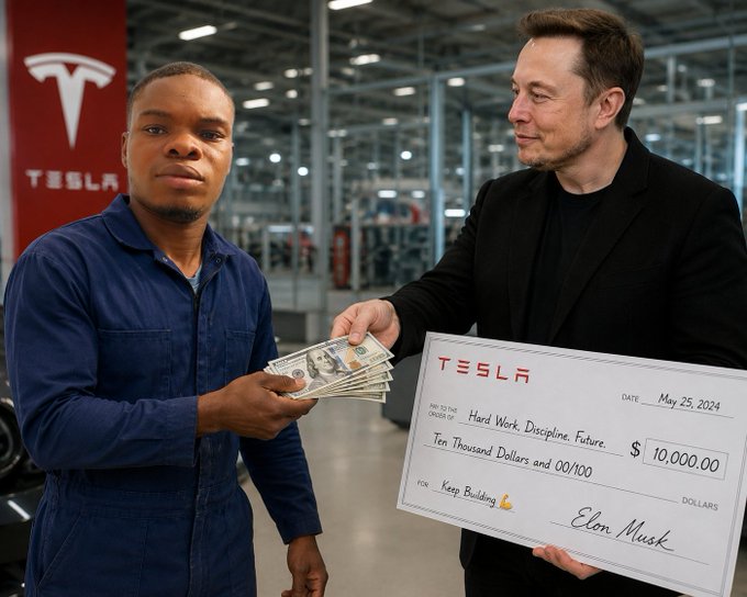 Elon Musk presenting a Tesla-branded $10,000 check to a worker in a blue jumpsuit inside a Tesla facility, with the check dated May 25, 2024 and memo reading 'Keep Building'.