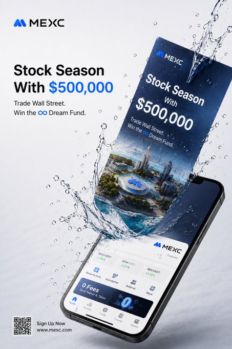 A MEXC promotional advertisement titled 'Stock Season With $500,000' encouraging users to 'Trade Wall Street. Win the ∞ Dream Fund,' featuring a smartphone displaying the MEXC app interface with 0 fees.