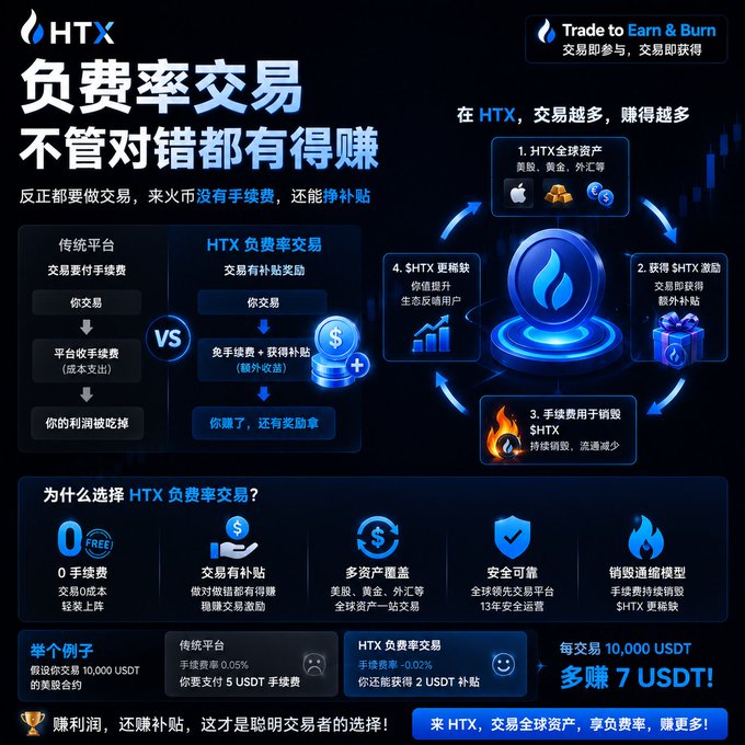 An advertisement graphic for HTX cryptocurrency exchange features Chinese text promoting '负费率交易' (negative fee trading) and 'Trade to Earn & Burn', with a comparison showing 0 fees and a 7 USDT profit example.