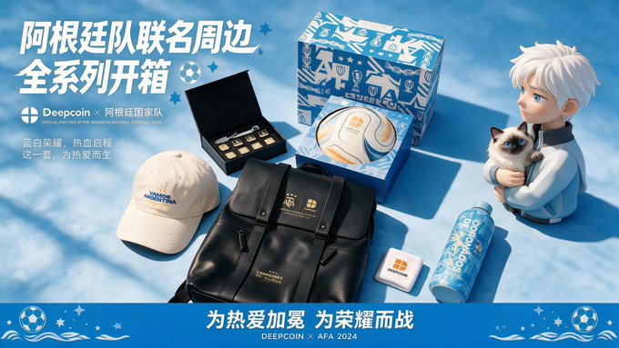 A promotional image for 'Deepcoin x AFA 2024' Argentina team merchandise features various items including a cap, a backpack, a soccer ball, and a figurine of a boy holding a cat.