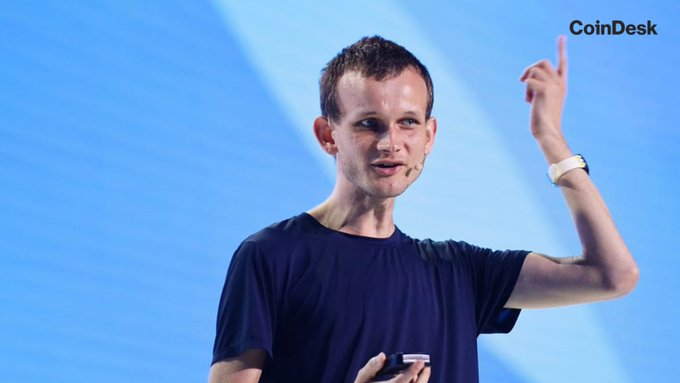 Vitalik Buterin, co-founder of Ethereum, is pictured here, likely speaking about the blockchain's significant upcoming rebuild. The CoinDesk logo is visible in the top right corner.