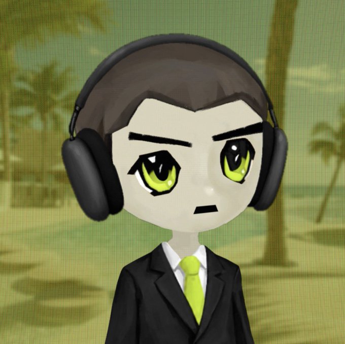 A 3D rendered cartoon character of a young man with green eyes, wearing a black suit with a yellow-green tie and large black headphones, stands against a blurred tropical background.