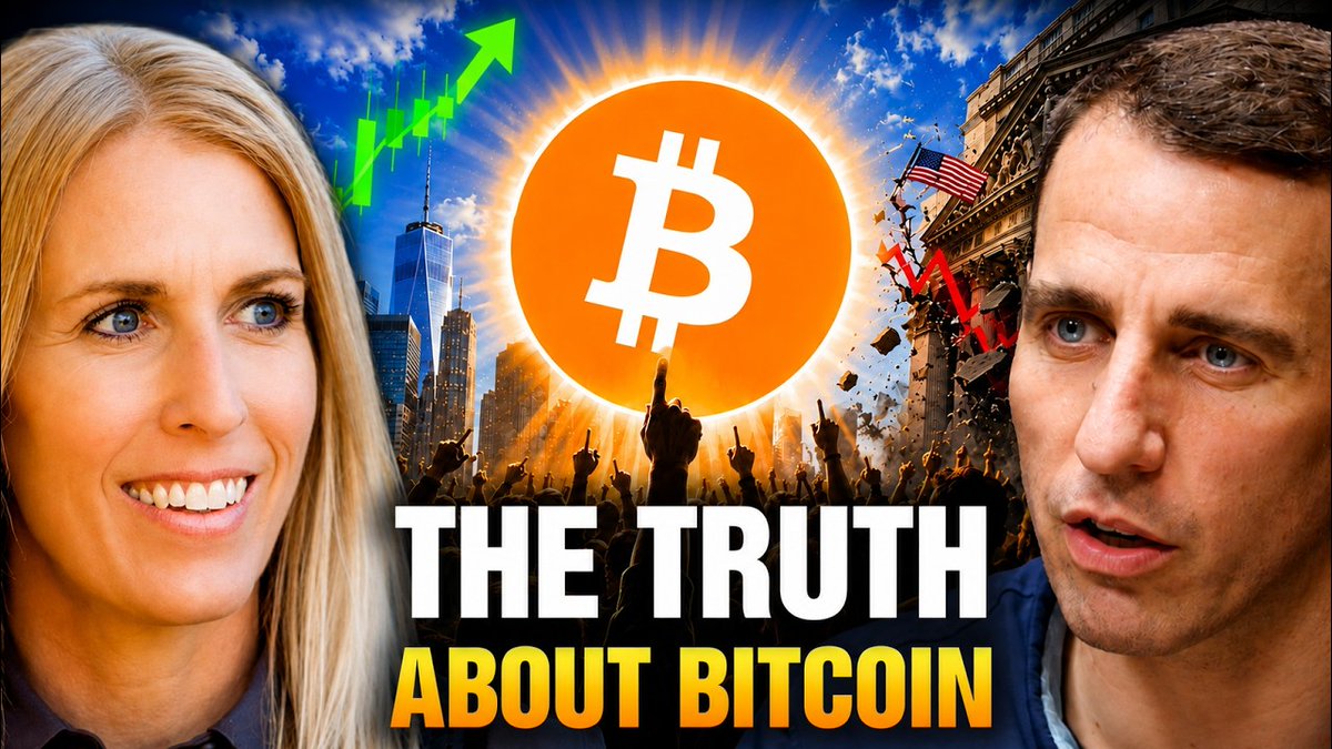 The image is a YouTube-style thumbnail featuring a woman (Uphold's U.S. President) on the left and a man (Anthony Pompliano) on the right, with a glowing Bitcoin logo centered between them above a city skyline, accompanied by the bold text "THE TRUTH ABOUT BITCOIN." The visual ties to the post by promoting a podcast episode where the two discuss digital assets, on-chain infrastructure, and the future of global finance.