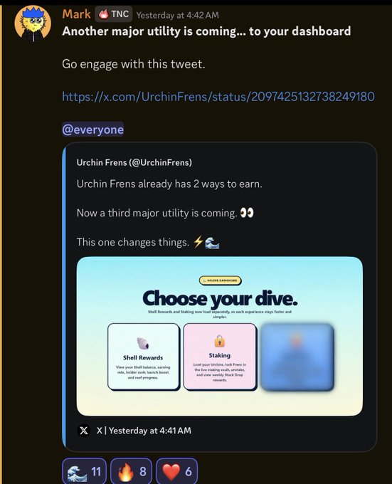 A Discord message from "Mark" sharing an X post from "Urchin Frens" announcing "Choose your dive" with Shell Rewards and Staking utility options, dated yesterday at 4:42 AM.
