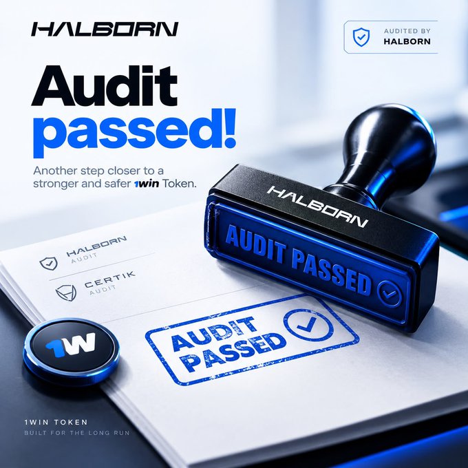 A promotional graphic for the 1WIN Token featuring a Halborn 'Audit Passed!' certification stamp alongside Halborn and Certik audit logos, with text 'Another step closer to a stronger and safer 1win Token' and '1WIN TOKEN - BUILT FOR THE LONG RUN'.