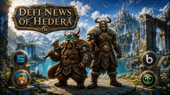 The image features two bearded men dressed as Viking warriors standing in front of a castle, holding swords and shields. The backdrop includes mountains and water, creating an atmosphere reminiscent of medieval times or fantasy settings. In the background, there are several circles with different symbols, possibly representing various aspects of DeFi or cryptocurrency markets.