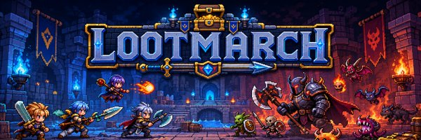 A fantasy game banner prominently displays the title “LOOTMARCH” above a castle battle scene with armored characters, monsters, fire, and torches.