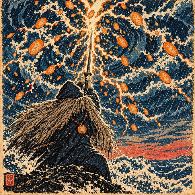 A stylized Japanese woodblock-style illustration of a samurai raising a sword toward a stormy sky filled with floating Bitcoin logos and lightning.