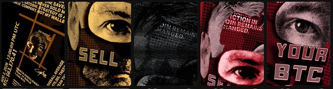 A collage of four stylized graphic panels with bold text overlays including 'SELL', 'YOUR BTC', and warnings like 'NEVER SELL' and 'ACTION IN 20 MIN REMAINS UNCHANGED', featuring a face and currency imagery.