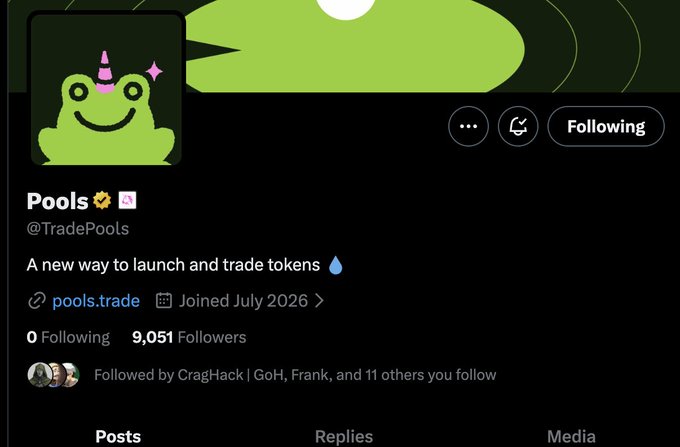 A Twitter/X profile page for "Pools" (@TradePools) with a green frog logo wearing a unicorn horn, bio reading "A new way to launch and trade tokens," linking to pools.trade, showing 9,051 Followers and joined July 2026.