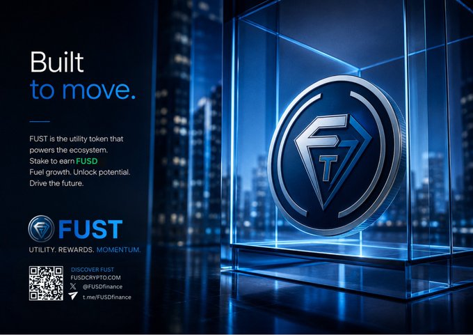 A sleek, futuristic promotional graphic for FUST features its logo—stylized "FT" letters inside a metallic circular emblem—displayed within glowing glass display cases against a blue cityscape backdrop. The text reads "Built to move," highlighting FUST as the utility token that powers the ecosystem, allowing users to "Stake to earn FUSD, Fuel growth, Unlock potential, Drive the future," with the tagline "Utility. Rewards. Momentum." This visually reinforces the post's message of staking $FUST to earn $FUSD as a forward-looking, momentum-driven financial strategy.