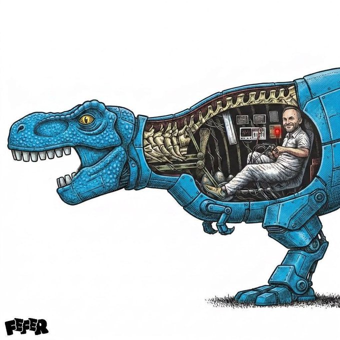 An illustrated blue robotic T-Rex with its side cut open, revealing a smiling man sitting inside a cockpit-like interior with controls, signed 'FEER' in the corner.