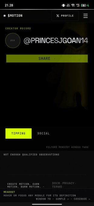 A mobile app screenshot titled "$MOTION" shows a creator record for "@PRINCESJGOAN14" with a "SHARE" button and a "NOT ENOUGH QUALIFIED OBSERVATIONS" message.