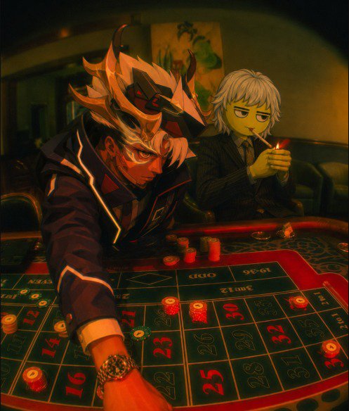An anime-style illustration shows two characters at a roulette table—one wearing a horned mask in dark clothing reaching toward the chips, and another with silver hair in a suit lighting a cigarette—with red chips scattered across the betting layout.
