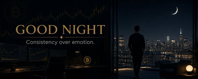 The image features a man standing outside at night with a city skyline behind him, as well as a banner that reads "Good Night" above his head. The text "Good Night" is accompanied by an image of a candle and a clock, suggesting that the time is late in the evening or nighttime. The phrase "Consistency over emotion." implies that the man should maintain a steady mindset throughout his journey with Bitcoin and crypto markets.
