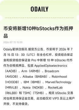 A Chinese news article from ODAILY dated 2026-07-15, with the headline '币安将新增10种bStocks作为抵押品' (Binance to add 10 new bStocks as collateral), listing stocks including AAOI, ARM, AVGO, BA, HOOD, IBM, MRVL, NOK, RKLB, and TSMC.