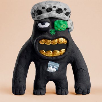 A handmade clay sculpture of a black monster-like figure with gold teeth, wearing a gray skull-like helmet with a green clover on its face.