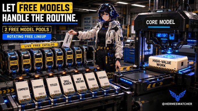 A futuristic factory scene features an anime-style worker organizing robotic dispensers labeled "FREE MODEL POOLS" and "CORE MODEL," with a catalog of automated tasks (Compress, Summarize, Titles, Skill Search, MCP Routing, Triage, Research) processing "HIGH-VALUE WORK," visually representing Hermes' offer of 12 free AI models—including Solar Pro 4, LongCat 2.0, and Laguna S 2.1—that users can freely access.