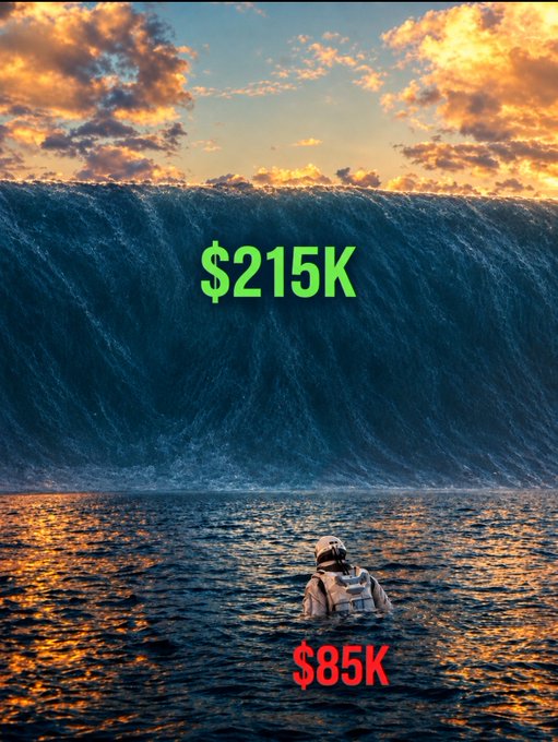 An astronaut floats in calm water in front of a massive towering wave, labeled "$215K" looming above while the astronaut is marked "$85K" below—visually representing the small account size confronting the overwhelming challenge, tying into the post's "Preparing for madness..." sentiment.