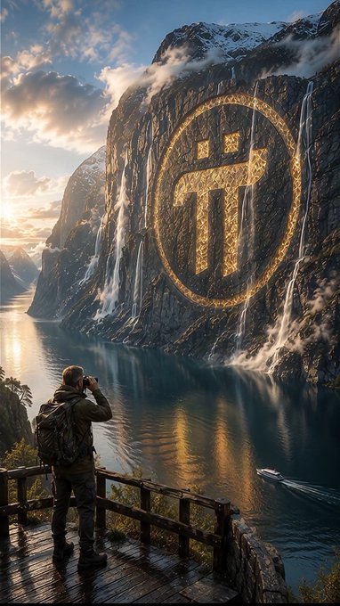 Fantasy digital artwork showing a person on a wooden deck looking at a massive cliff with a glowing golden Pi (π) symbol carved into it, surrounded by waterfalls.