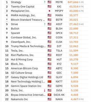 A financial leaderboard listing the top MicroStrategy holders and related companies including MSTR, XXI, MPJPY, MARA Holdings, BSTR, ASST, BLSH, SPCX, COIN, CLSK, DJT, TSLA, RIOT, HUT, XYZ, ABTC, GDC, GLYY, NXTT, GEML, SVIA, 0434.HK, and NAKA with their respective holdings.