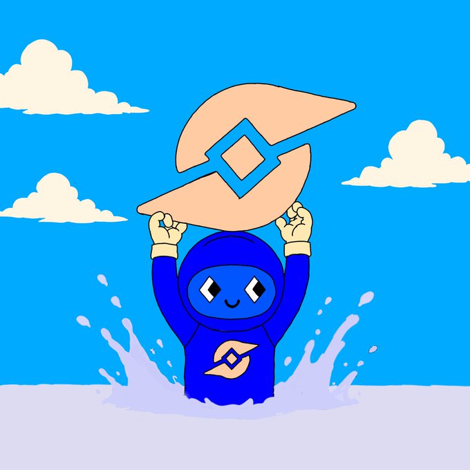 A cute cartoon character in a blue hoodie joyfully lifts a large stone-like emblem shaped like the Stylus (STYL) logo above its head, splashing out of water against a bright blue sky with fluffy clouds. The image visually reinforces the post's message about @DlicomApp's mission of building a secure, user-empowered Web3 ecosystem by symbolizing growth, achievement, and the dawn of a new day.
